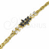 Oro Laminado Fancy Bracelet, Gold Filled Style Flower and Leaf Design, with Black and White Cubic Zirconia, Polished, Golden Finish, 03.316.0070.08 (05 MM Thickness, 8 Inches Length)
