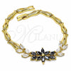 Oro Laminado Fancy Bracelet, Gold Filled Style Flower and Leaf Design, with Black and White Cubic Zirconia, Polished, Golden Finish, 03.316.0070.08 (05 MM Thickness, 8 Inches Length)