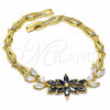 Oro Laminado Fancy Bracelet, Gold Filled Style Flower and Leaf Design, with Black and White Cubic Zirconia, Polished, Golden Finish, 03.316.0070.08 (05 MM Thickness, 8 Inches Length)