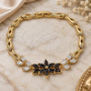Oro Laminado Fancy Bracelet, Gold Filled Style Flower and Leaf Design, with Black and White Cubic Zirconia, Polished, Golden Finish, 03.316.0070.08 (05 MM Thickness, 8 Inches Length)