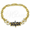 Oro Laminado Fancy Bracelet, Gold Filled Style Flower and Leaf Design, with Black and White Cubic Zirconia, Polished, Golden Finish, 03.316.0070.08 (05 MM Thickness, 8 Inches Length)