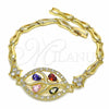 Oro Laminado Fancy Bracelet, Gold Filled Style Leaf and Fish Design, with Multicolor Cubic Zirconia, Polished, Golden Finish, 03.316.0071.1.08 (05 MM Thickness, 8 Inches Length)