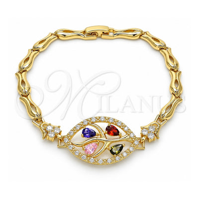 Oro Laminado Fancy Bracelet, Gold Filled Style Leaf and Fish Design, with Multicolor Cubic Zirconia, Polished, Golden Finish, 03.316.0071.1.08 (05 MM Thickness, 8 Inches Length)