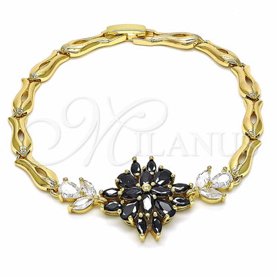 Oro Laminado Fancy Bracelet, Gold Filled Style Flower and Fish Design, with Black and White Cubic Zirconia for wholesale, main product view