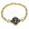 Oro Laminado Fancy Bracelet, Gold Filled Style Flower and Fish Design, with Black and White Cubic Zirconia, Polished, Golden Finish, 03.316.0074.08 (05 MM Thickness, 8 Inches Length)