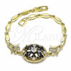 Oro Laminado Fancy Bracelet, Gold Filled Style Flower Design, with Black and White Cubic Zirconia, Polished, Golden Finish, 03.316.0076.07 (04 MM Thickness, 7 Inches Length)