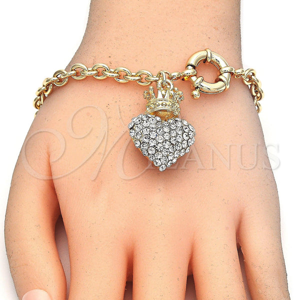 Gold Filled Bracelet — Charm Bracelet Heart and Crown Design with White — alternate product view — SKU 139425 | Oro Laminado brazalete — Charm Bracelet corazón and Crown diseño with blanco — SKU 139425