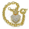 Oro Laminado Charm Bracelet, Gold Filled Style Heart and Crown Design, with White Crystal, Polished, Golden Finish, 03.63.2211.08 (06 MM Thickness, 8 Inches Length)