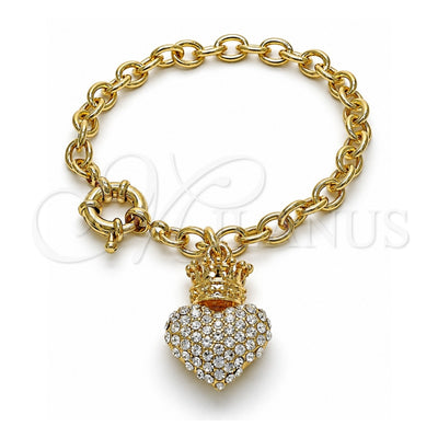 Oro Laminado Charm Bracelet, Gold Filled Style Heart and Crown Design, with White Crystal, Polished, Golden Finish, 03.63.2211.08 (06 MM Thickness, 8 Inches Length)