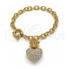 Oro Laminado Charm Bracelet, Gold Filled Style Heart and Crown Design, with White Crystal, Polished, Golden Finish, 03.63.2211.08 (06 MM Thickness, 8 Inches Length)