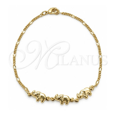 Oro Laminado Fancy Bracelet, Gold Filled Style Elephant and Curb Design, Polished, Golden Finish, 03.09.0081.07 (0.50 Gauge, 05 MM Thickness, 7 Inches Length)