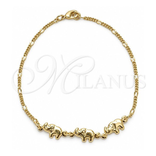 Oro Laminado Fancy Bracelet, Gold Filled Style Elephant and Curb Design, Polished, Golden Finish, 03.09.0081.07 (0.50 Gauge, 05 MM Thickness, 7 Inches Length)