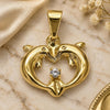 Oro Laminado Fancy Pendant, Gold Filled Style Dolphin and Heart Design, with White Cubic Zirconia, Polished, Golden Finish, 05.32.0071