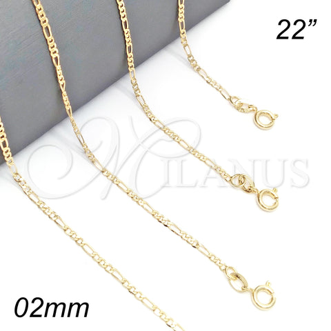 Oro Laminado Basic Necklace, Gold Filled Style Figaro Design, Polished, Golden Finish, 04.58.0004.22 (0.60 Gauge, 02 MM Thickness, 22 Inches Length)
