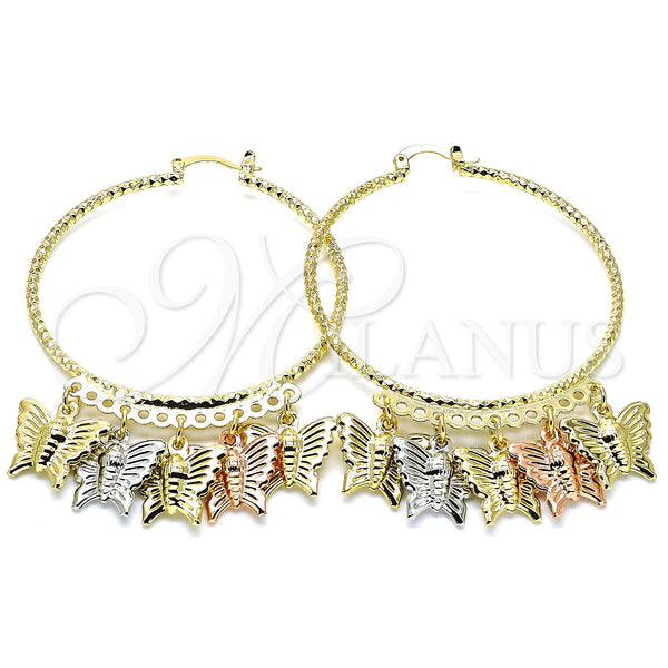 Gold Filled Hoop Earrings — Large Hoop Butterfly Design Diamond Cutting Tricolor 02. — main product view — SKU 139741 | Oro Laminado aretes de aro — Large Hoop Butterfly diseño Diamond Cutting Tricolor 02. — SKU 139741
