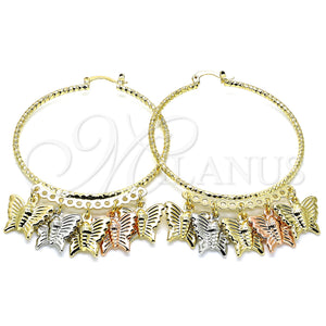 Gold Filled Hoop Earrings — Large Hoop Butterfly Design Diamond Cutting Tricolor 02. — main product view — SKU 139741 | Oro Laminado aretes de aro — Large Hoop Butterfly diseño Diamond Cutting Tricolor 02. — SKU 139741