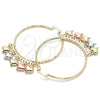 Oro Laminado Large Hoop, Gold Filled Style Heart Design, Diamond Cutting Finish, Tricolor, 02.380.0022.50