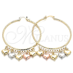 Gold Filled Hoop Earrings — Large Hoop Heart Design Diamond Cutting Tricolor 02. — main product view — SKU 139742 | Oro Laminado aretes de aro — Large Hoop corazón diseño Diamond Cutting Tricolor 02. — SKU 139742