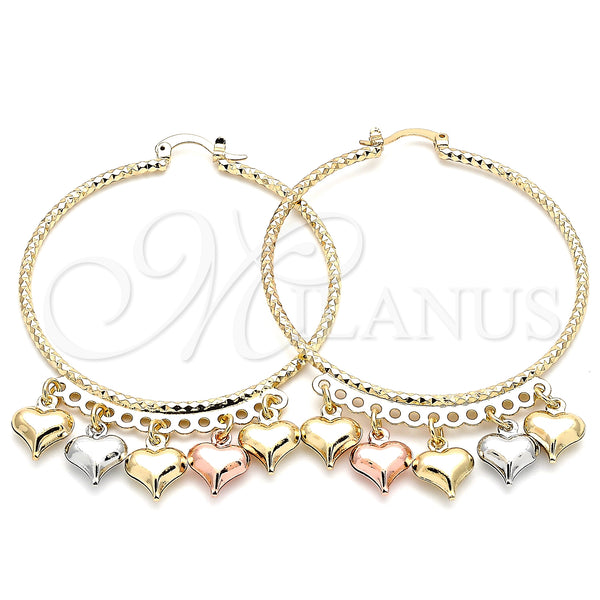 Gold Filled Hoop Earrings — Large Hoop Heart Design Diamond Cutting Tricolor 02. — main product view — SKU 139742 | Oro Laminado aretes de aro — Large Hoop corazón diseño Diamond Cutting Tricolor 02. — SKU 139742