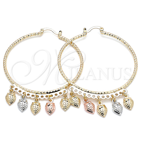 Oro Laminado Large Hoop, Gold Filled Style Strawberry Design, Diamond Cutting Finish, Tricolor, 02.380.0017.50
