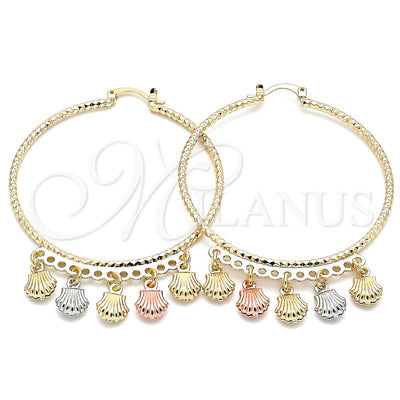 Oro Laminado aretes de aro — Large Hoop Shell diseño Diamond Cutting Tricolor 02. por Mayoreo, vista principal del producto