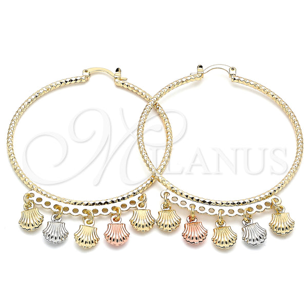 Gold Filled Hoop Earrings — Large Hoop Shell Design Diamond Cutting Tricolor 02. — main product view — SKU 139745 | Oro Laminado aretes de aro — Large Hoop Shell diseño Diamond Cutting Tricolor 02. — SKU 139745
