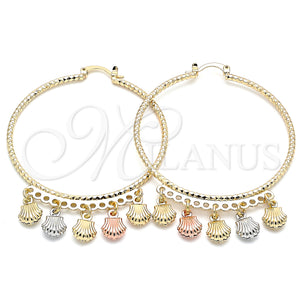 Gold Filled Hoop Earrings — Large Hoop Shell Design Diamond Cutting Tricolor 02. — main product view — SKU 139745 | Oro Laminado aretes de aro — Large Hoop Shell diseño Diamond Cutting Tricolor 02. — SKU 139745