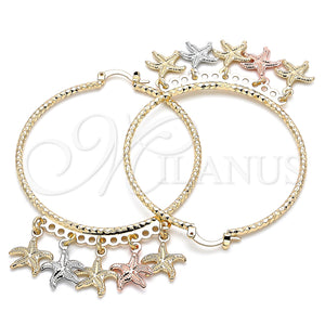 Gold Filled Hoop Earrings — Large Hoop Star Design Diamond Cutting Tricolor 02. — main product view — SKU 139746 | Oro Laminado aretes de aro — Large Hoop estrella diseño Diamond Cutting Tricolor 02. — SKU 139746