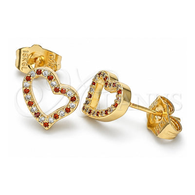 Oro Laminado Stud Earring, Gold Filled Style Heart Design, with Garnet and White Micro Pave, Polished, Golden Finish, 02.156.0494.1