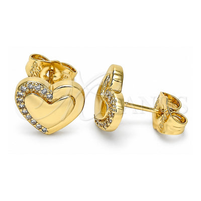 Oro Laminado Stud Earring, Gold Filled Style Heart Design, with White Micro Pave, Polished, Golden Finish, 02.156.0495