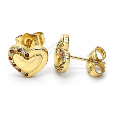 Oro Laminado Stud Earring, Gold Filled Style Heart Design, with Garnet and White Micro Pave, Polished, Golden Finish, 02.156.0495.1