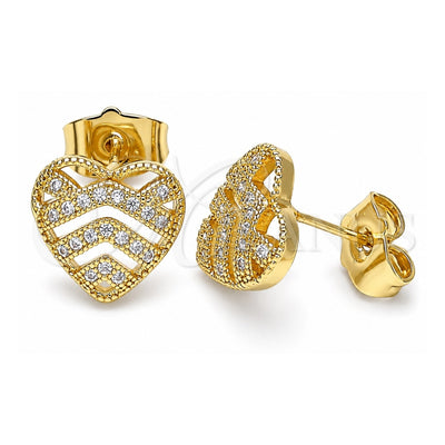 Oro Laminado Stud Earring, Gold Filled Style Heart Design, with White Micro Pave, Polished, Golden Finish, 02.156.0496