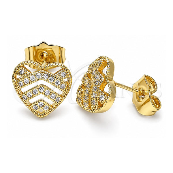 Oro Laminado Stud Earring, Gold Filled Style Heart Design, with White Micro Pave, Polished, Golden Finish, 02.156.0496