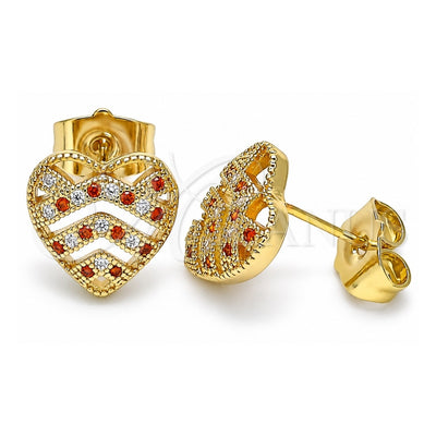 Oro Laminado Stud Earring, Gold Filled Style Heart Design, with Garnet and White Micro Pave, Polished, Golden Finish, 02.156.0496.1