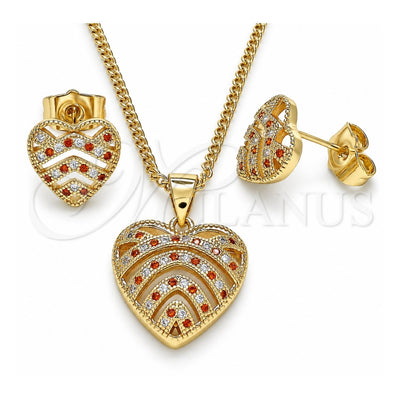 Oro Laminado Earring and Pendant Adult Set, Gold Filled Style Heart Design, with Garnet and White Micro Pave, Polished, Golden Finish, 10.156.0299.1
