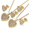 Oro Laminado Earring and Pendant Adult Set, Gold Filled Style Heart Design, with Garnet and White Micro Pave, Polished, Golden Finish, 10.156.0299.1