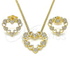 Oro Laminado Earring and Pendant Adult Set, Gold Filled Style Heart Design, with White Micro Pave, Polished, Golden Finish, 10.156.0300