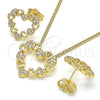 Oro Laminado Earring and Pendant Adult Set, Gold Filled Style Heart Design, with White Micro Pave, Polished, Golden Finish, 10.156.0300