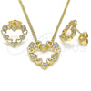 Oro Laminado Earring and Pendant Adult Set, Gold Filled Style Heart Design, with White Micro Pave, Polished, Golden Finish, 10.156.0300