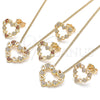 Oro Laminado Earring and Pendant Adult Set, Gold Filled Style Heart Design, with White Micro Pave, Polished, Golden Finish, 10.156.0300