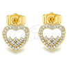 Oro Laminado Stud Earring, Gold Filled Style Heart Design, with White Micro Pave, Polished, Golden Finish, 02.156.0500