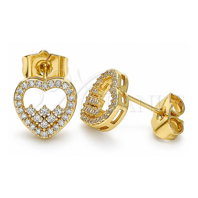 Oro Laminado Stud Earring, Gold Filled Style Heart Design, with White Micro Pave, Polished, Golden Finish, 02.156.0500