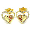 Oro Laminado Stud Earring, Gold Filled Style Heart Design, with Garnet and White Micro Pave, Polished, Golden Finish, 02.156.0501.1