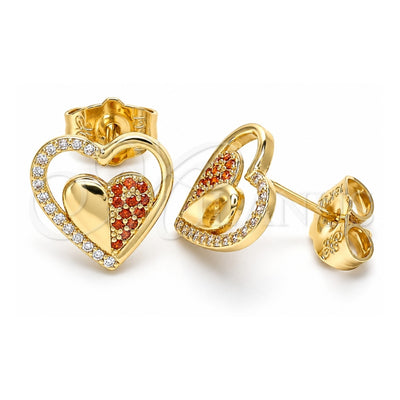 Oro Laminado Stud Earring, Gold Filled Style Heart Design, with Garnet and White Micro Pave, Polished, Golden Finish, 02.156.0501.1