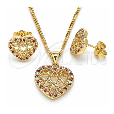 Oro Laminado Earring and Pendant Adult Set, Gold Filled Style Heart Design, with Garnet and White Micro Pave, Polished, Golden Finish, 10.156.0306.1