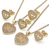 Oro Laminado Earring and Pendant Adult Set, Gold Filled Style Heart Design, with Garnet and White Micro Pave, Polished, Golden Finish, 10.156.0306.1
