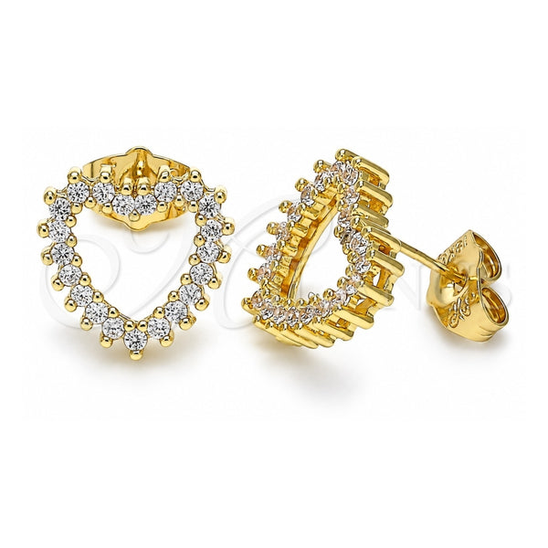 Oro Laminado Stud Earring, Gold Filled Style Heart Design, with White Cubic Zirconia, Polished, Golden Finish, 02.156.0503