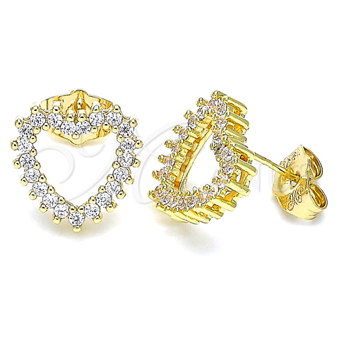 Oro Laminado Stud Earring, Gold Filled Style Heart Design, with White Cubic Zirconia, Polished, Golden Finish, 02.156.0503