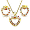 Oro Laminado Earring and Pendant Adult Set, Gold Filled Style Heart Design, with Garnet and White Cubic Zirconia, Polished, Golden Finish, 10.156.0307.1