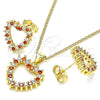 Oro Laminado Earring and Pendant Adult Set, Gold Filled Style Heart Design, with Garnet and White Cubic Zirconia, Polished, Golden Finish, 10.156.0307.1